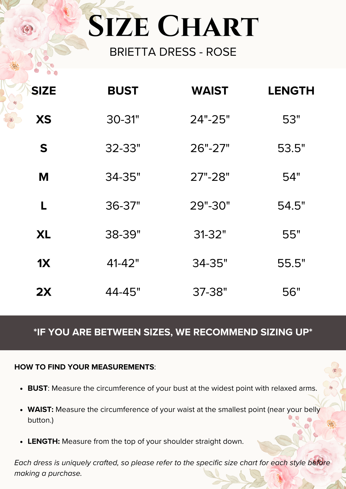 Size chart for Brietta Dress Night with floral design