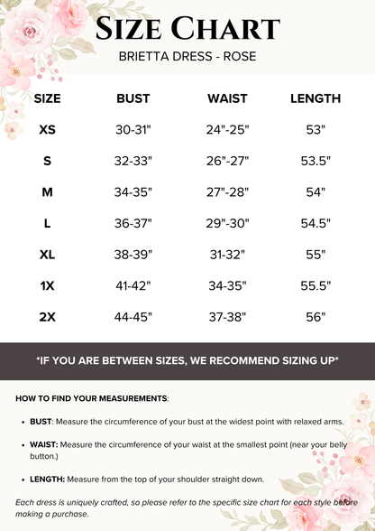 Size chart for Brietta Dress Night with floral design