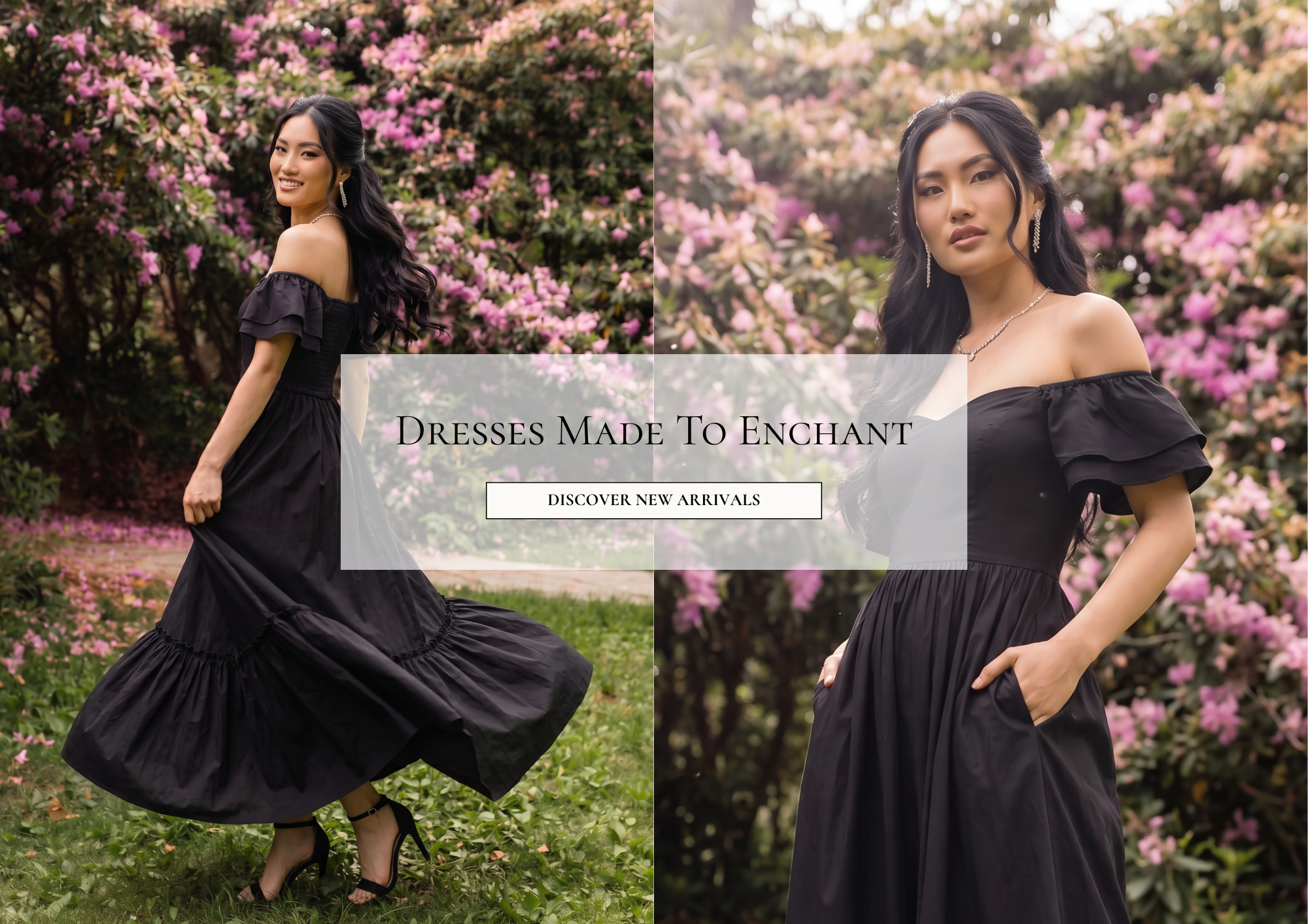 A woman wearing a black off-the-shoulder maxi dress with tiered ruffles, standing outdoors on a grassy lawn in front of a lush background of green bushes and pink flowers.