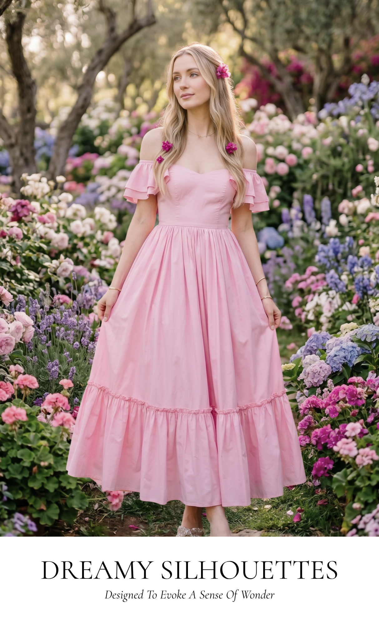 A woman wearing a light pink off-the-shoulder midi dress stands in a lush garden filled with pink, purple, and white flowers. The dress features a fitted bodice, ruffled sleeves, and a tiered skirt.