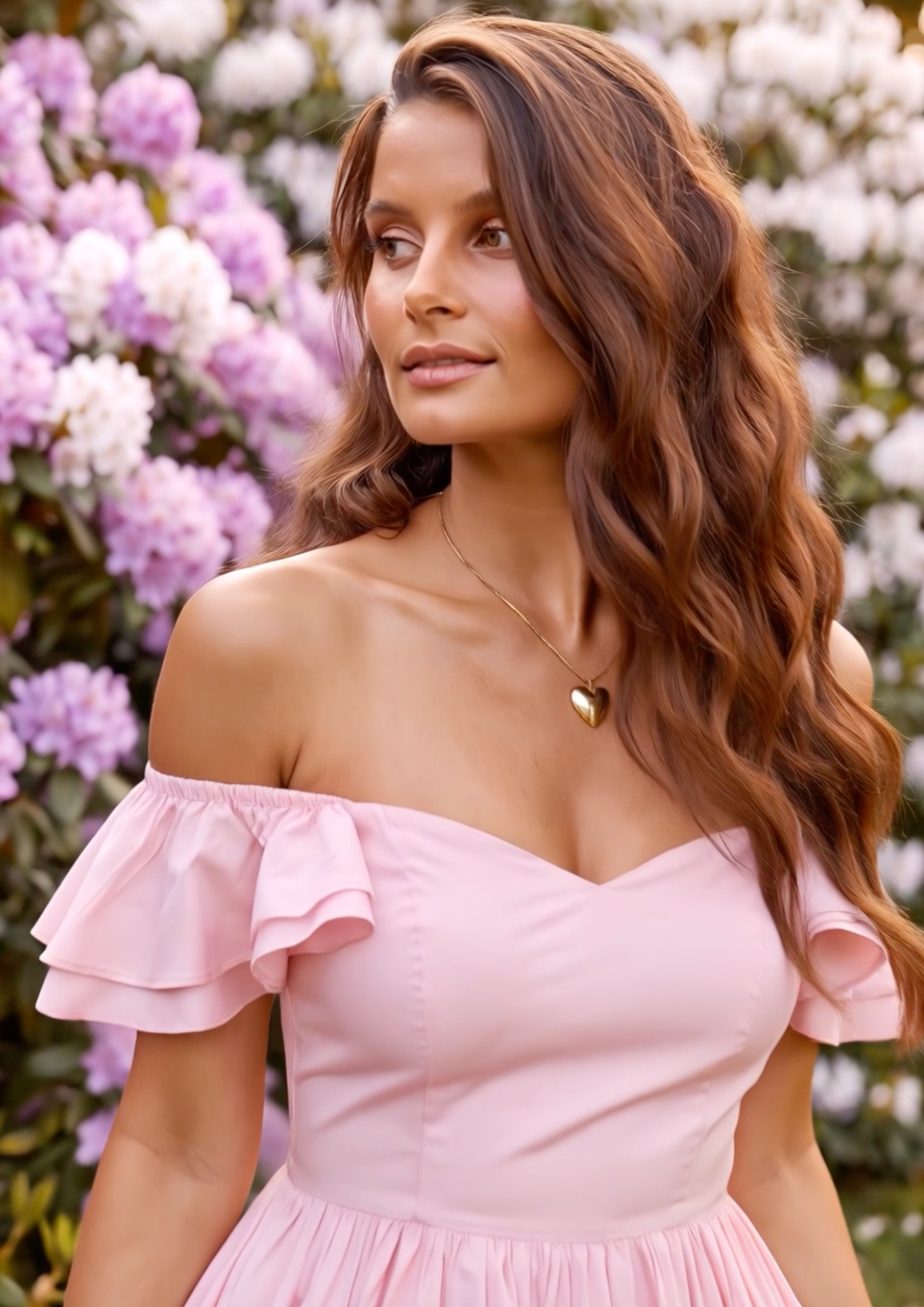 A woman with long wavy brown hair wearing a light pink off-the-shoulder dress with ruffled sleeves, standing outdoors in front of a background of blooming pink and white flowers.