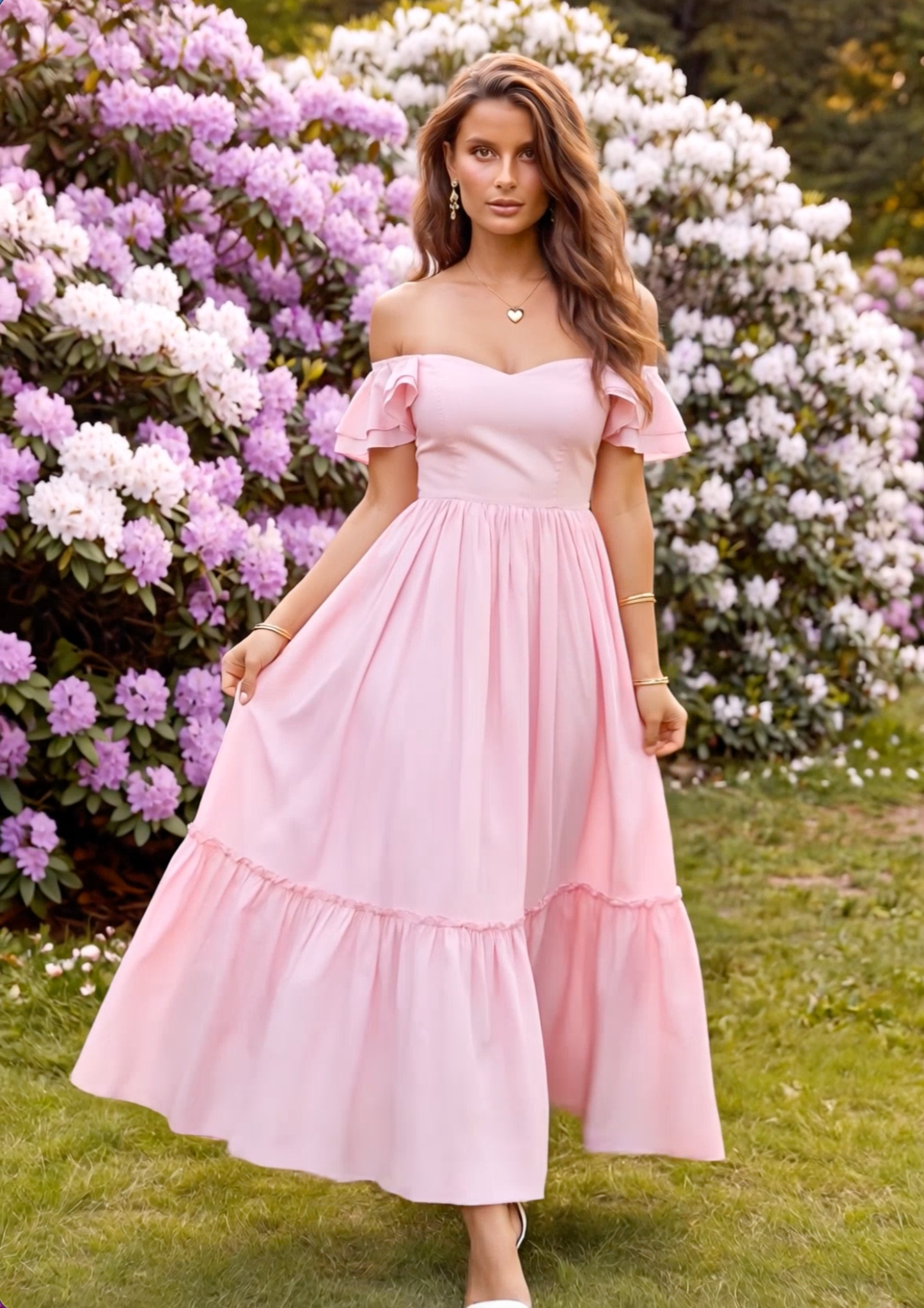 A woman wearing a light pink off-the-shoulder maxi dress stands outdoors in a grassy garden with large pink and white flowering bushes behind her.