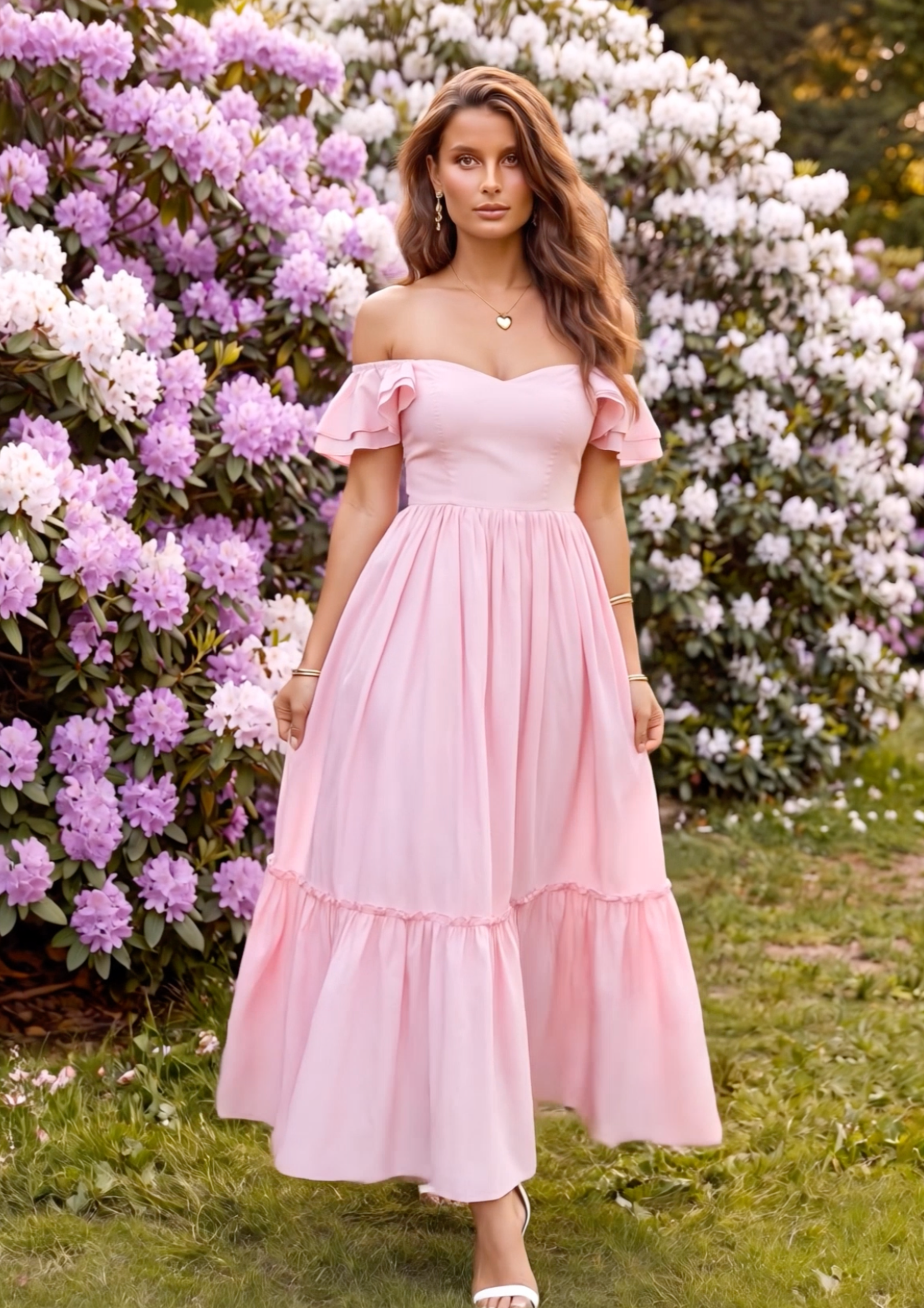 A woman wearing a light pink off-the-shoulder maxi dress with a tiered skirt, standing outdoors in front of lush greenery and pink and white flowering bushes.