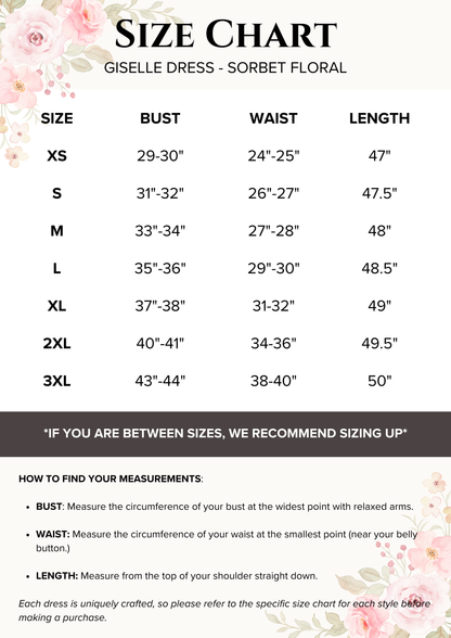 Size chart for Giselle Dress in Sorbet Floral with measurements for bust, waist, and length.