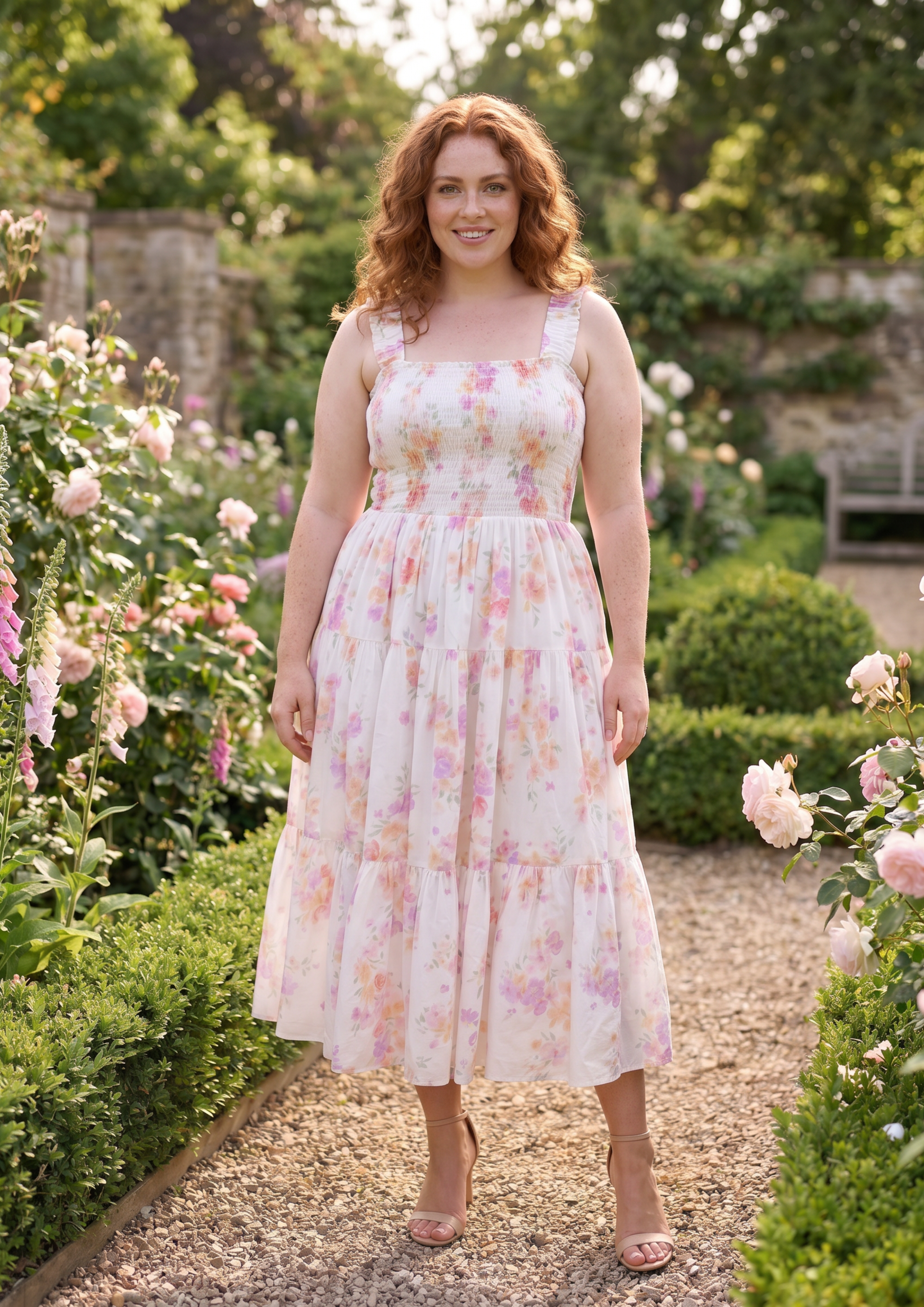 A woman stands in a sunlit garden wearing a sleeveless midi dress with a white base and a soft pink and yellow floral print. The dress has a smocked bodice and a tiered skirt, paired with nude high-heeled sandals.