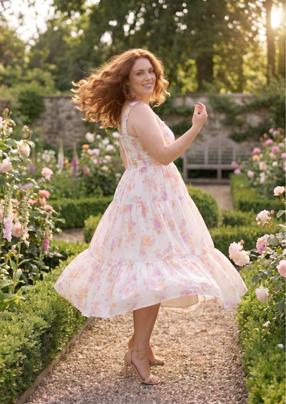 A woman with wavy red hair stands in a sunlit garden wearing a sleeveless tiered midi dress with a soft pink and peach floral print on a white base. She is captured mid-turn with her dress flowing, surrounded by blooming roses and green hedges.