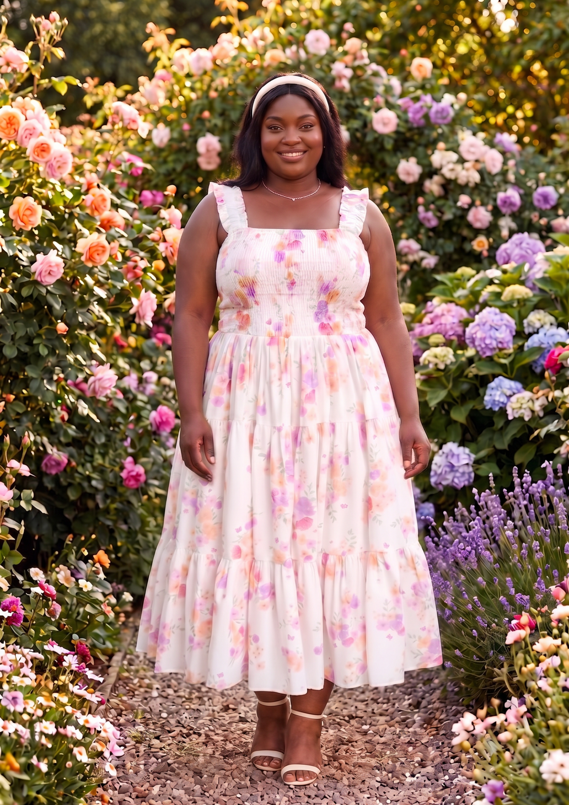 A woman wearing a sleeveless tiered midi dress with a pink and purple floral print on a white background, standing in a lush garden pathway surrounded by flowers.