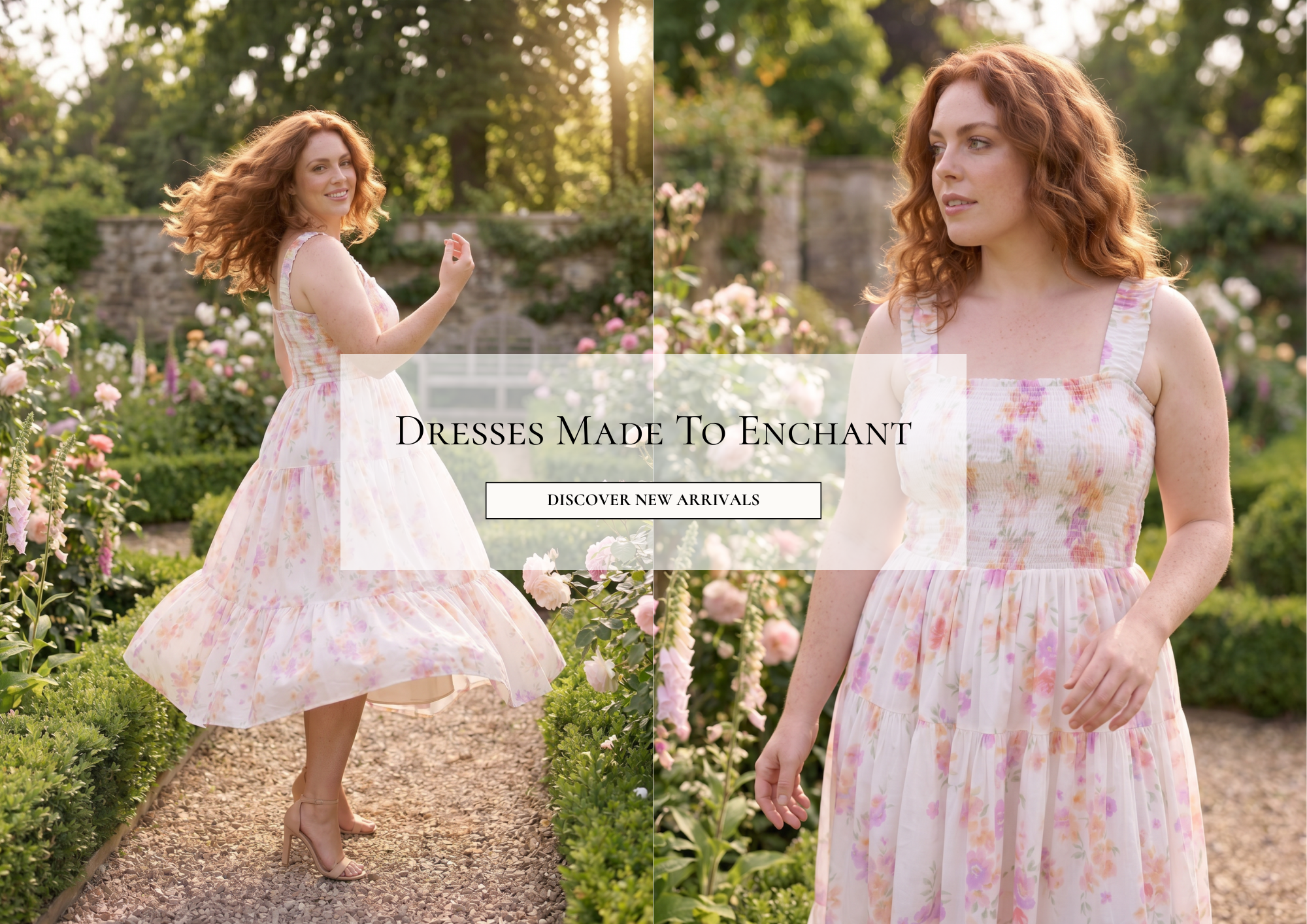 A woman wearing a light pink floral dress stands in a sunlit garden path, with a larger close-up of the same dress on the right and a full-body view on the left. Text overlay reads 'Dresses Made To Enchant' and 'DISCOVER NEW ARRIVALS'.