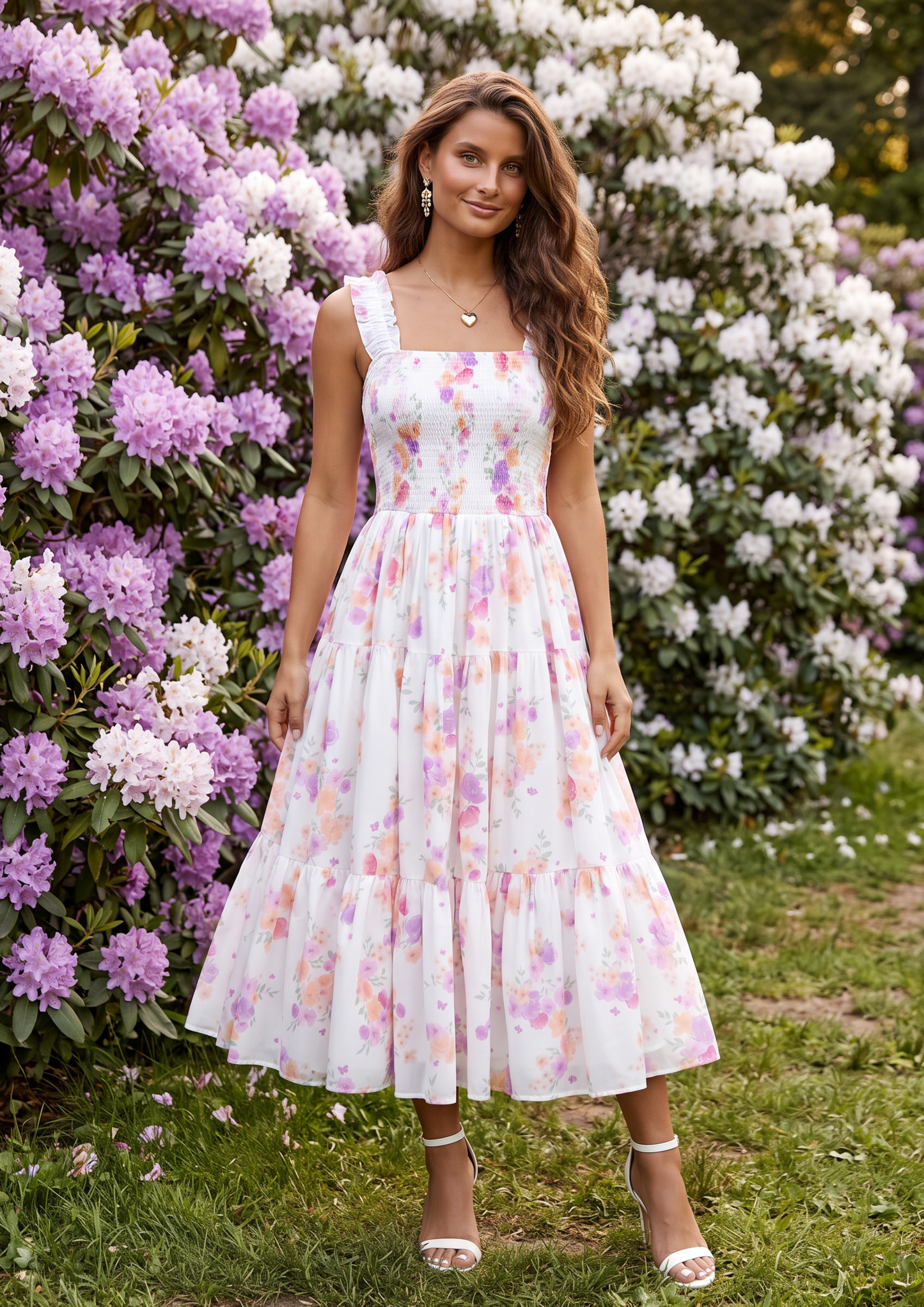 A woman stands outdoors in a garden wearing a sleeveless white midi dress with a pastel floral print in pink, purple, and orange. She is posed in front of large bushes of pink and white flowers with green grass below.