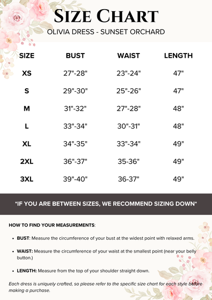 A size chart graphic for the Olivia Dress in Sunset Orchard, showing measurements for sizes XS through 3XL in a table format with bust, waist, and length columns, plus a small instruction section on how to find measurements.