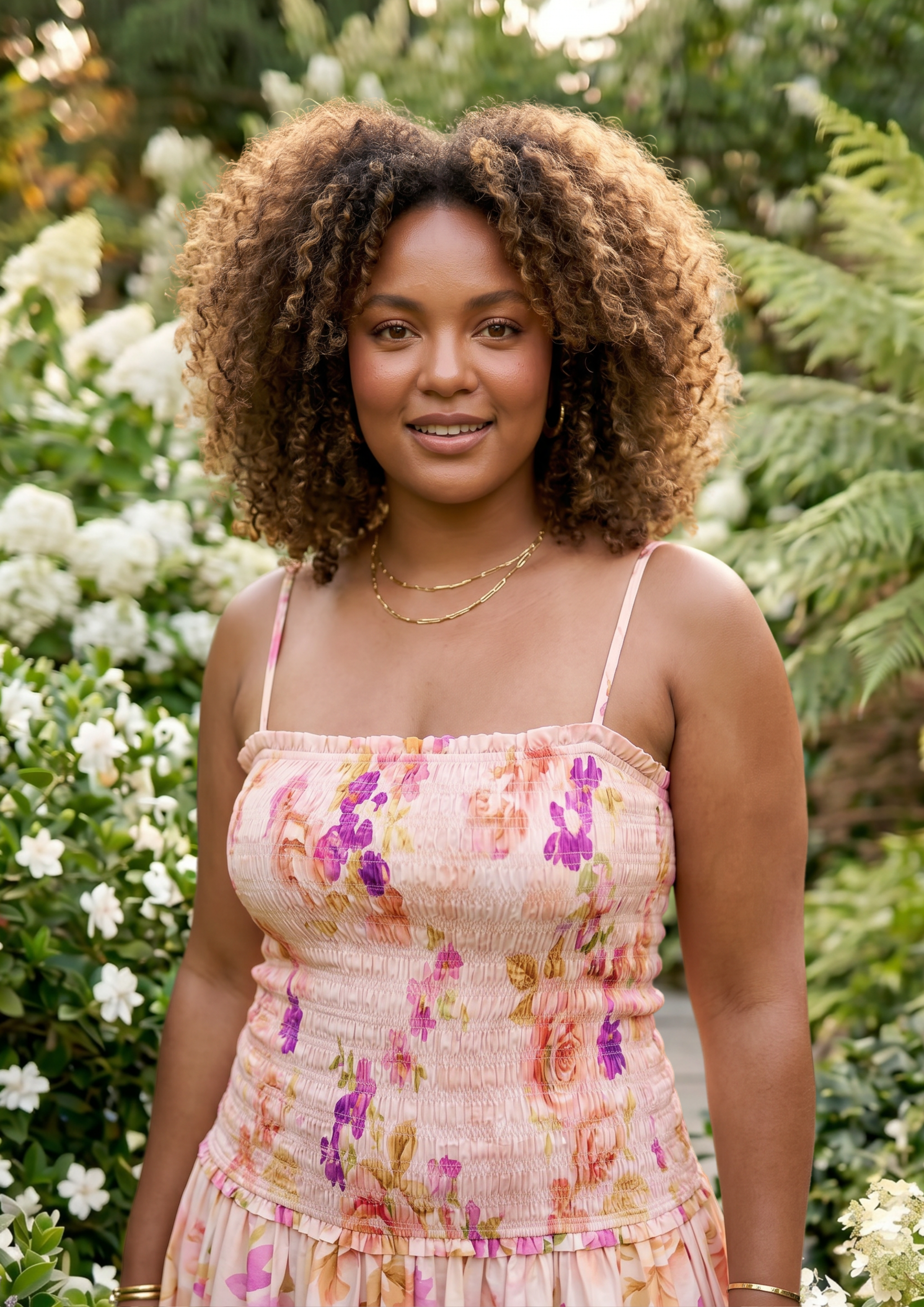 A woman with curly brown hair wearing a pink floral spaghetti-strap dress, standing outdoors in a garden with green foliage and white flowers in the background.