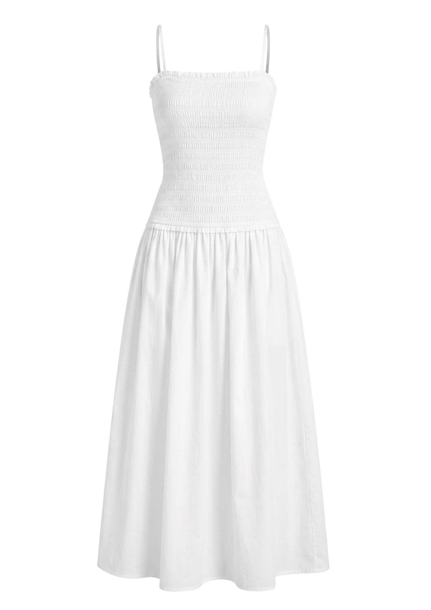 A white sleeveless midi dress with thin spaghetti straps, a smocked bodice, and a gathered A-line skirt, shown against a plain white background.