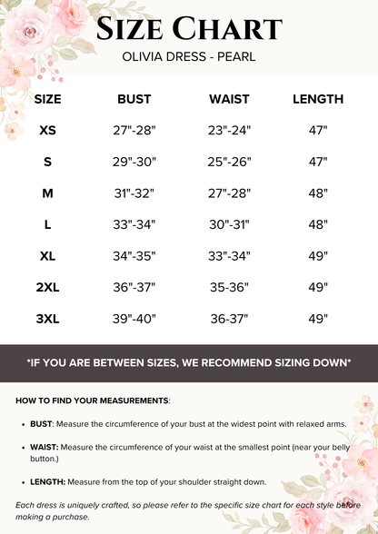 A size chart table for an Olivia Dress in ivory, showing measurements for sizes XS through 3XL in columns for bust, waist, and length, with floral corner accents and a section explaining how to find measurements.