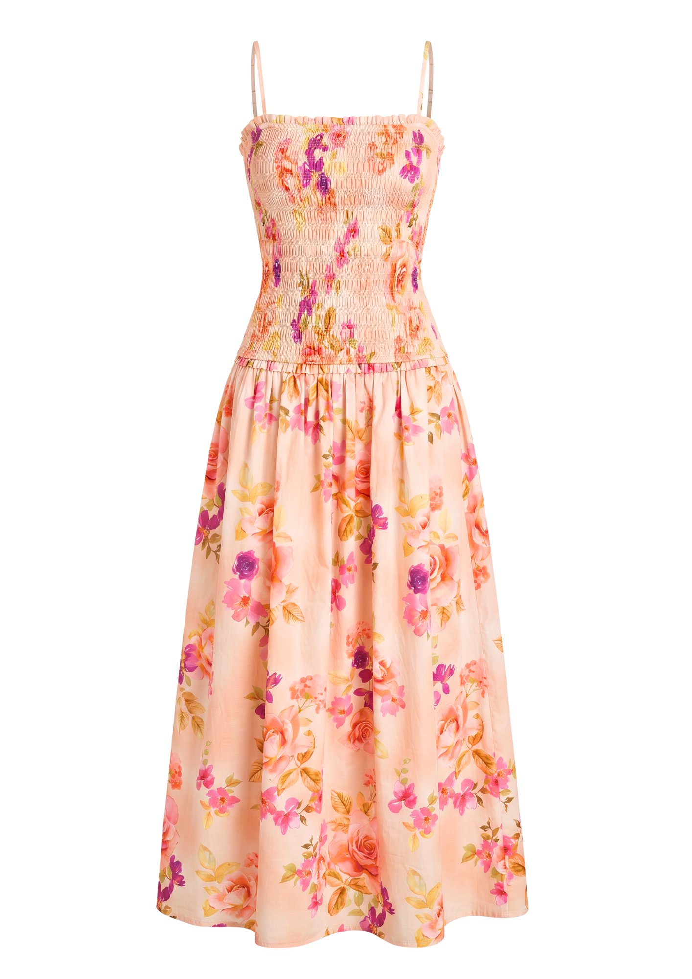 A sleeveless midi dress with thin spaghetti straps, a smocked bodice, and a flared skirt in a peach-pink base color with a vibrant floral print of pink, purple, and orange flowers.