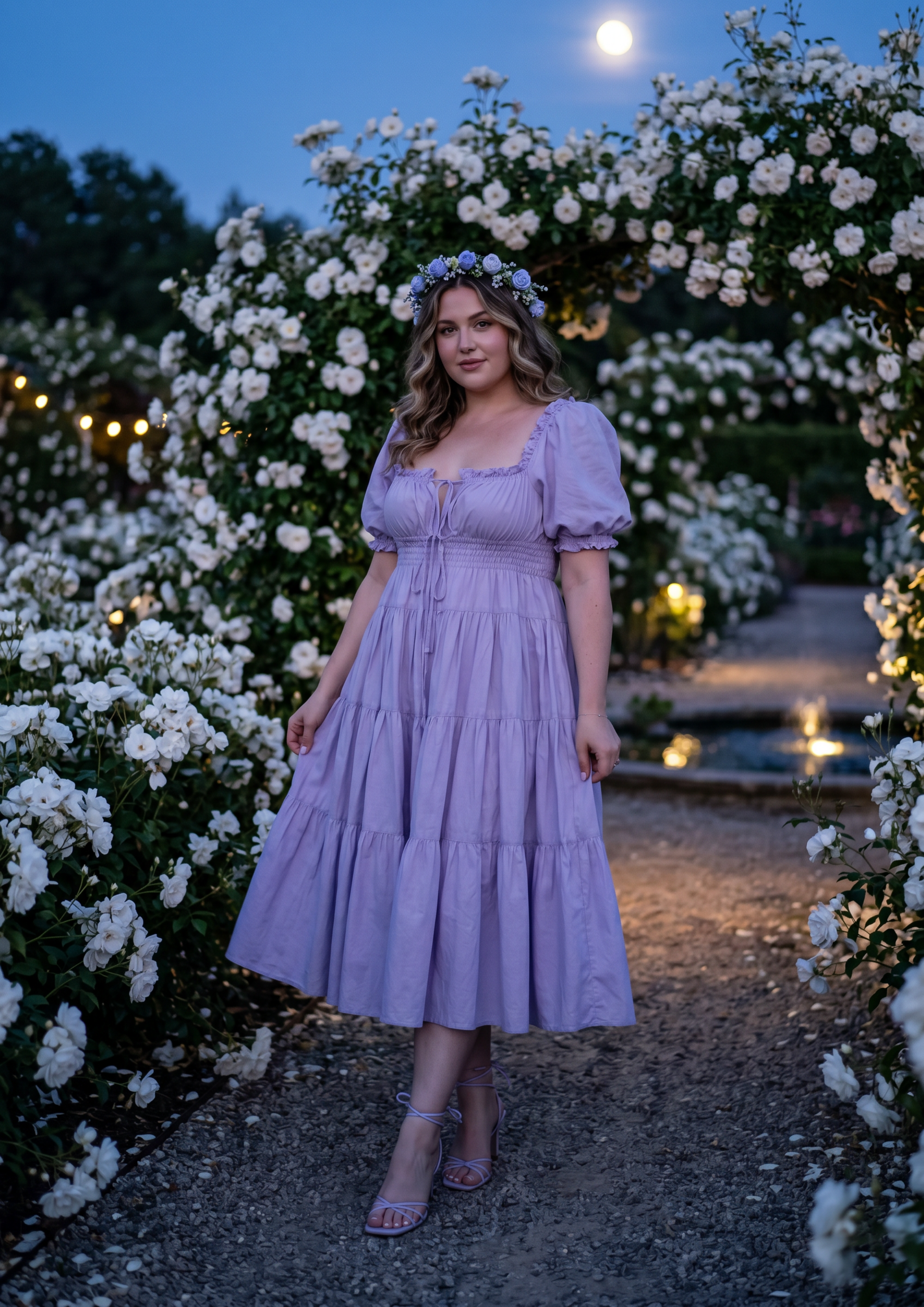 A woman stands on a garden path at dusk wearing a lavender midi dress with puff sleeves, a tiered skirt, and a matching flower crown. White flowering bushes frame the scene, with warm string lights and a full moon visible in the sky.