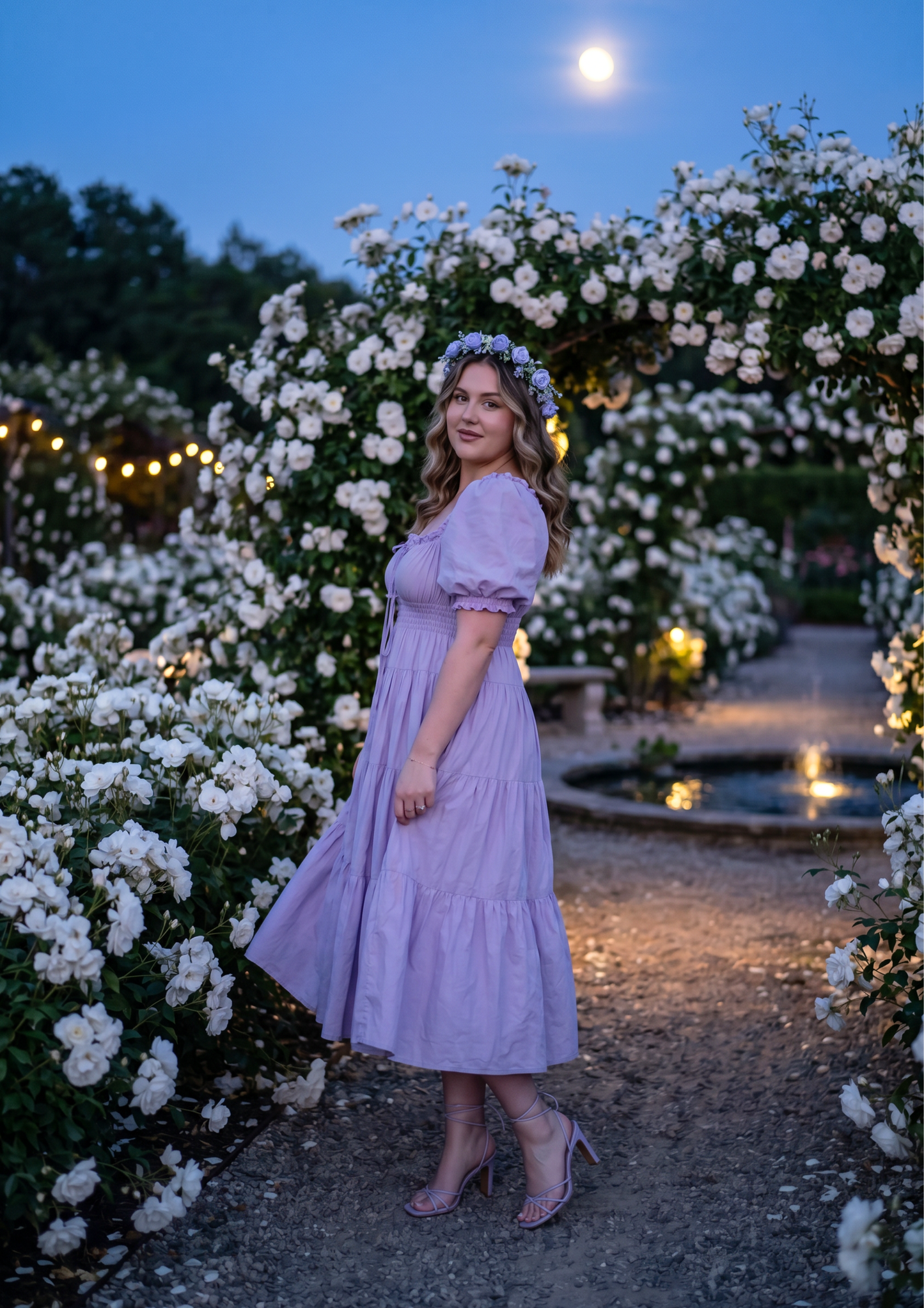 A woman wearing a lavender puff-sleeve midi dress stands on a garden path at dusk, surrounded by white rose arches and warm string lights. She is wearing a floral crown and nude heels.