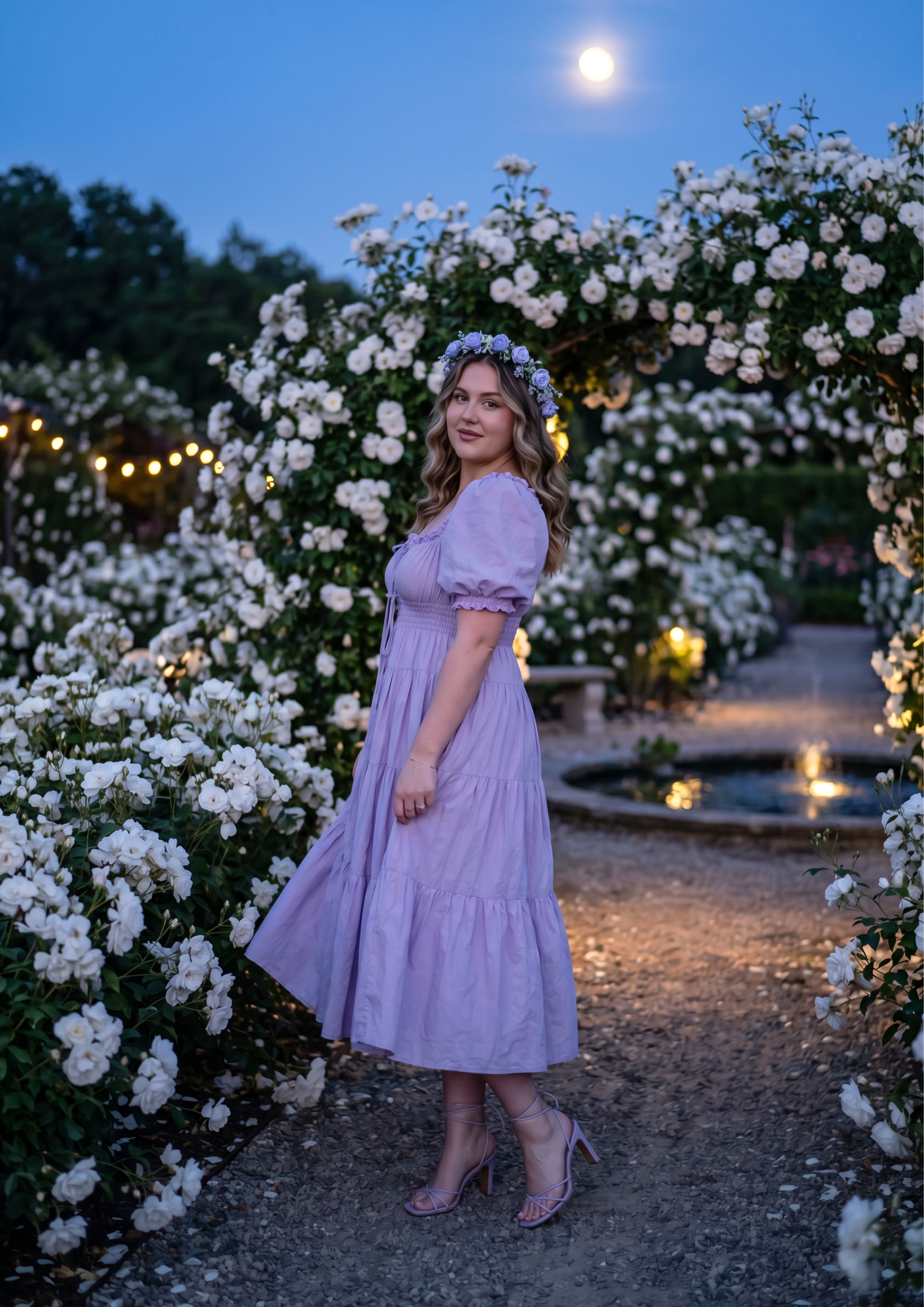 A woman wearing a lavender puff-sleeve midi dress stands on a garden path at dusk, surrounded by white rose arches and warm string lights. She is wearing a floral crown and nude heels.