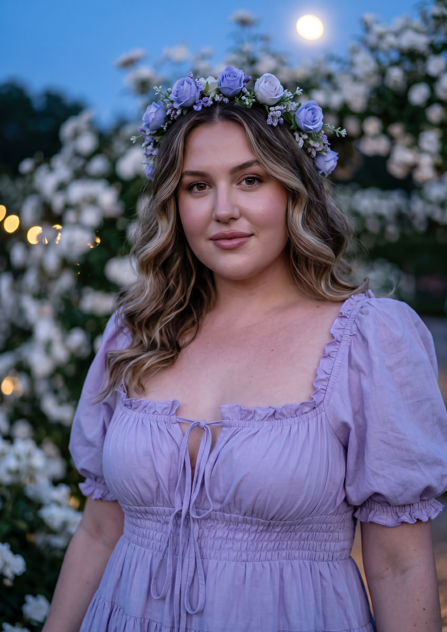 A woman wearing a lavender puff-sleeve dress and a purple flower crown, standing outdoors in front of flowering bushes at dusk.
