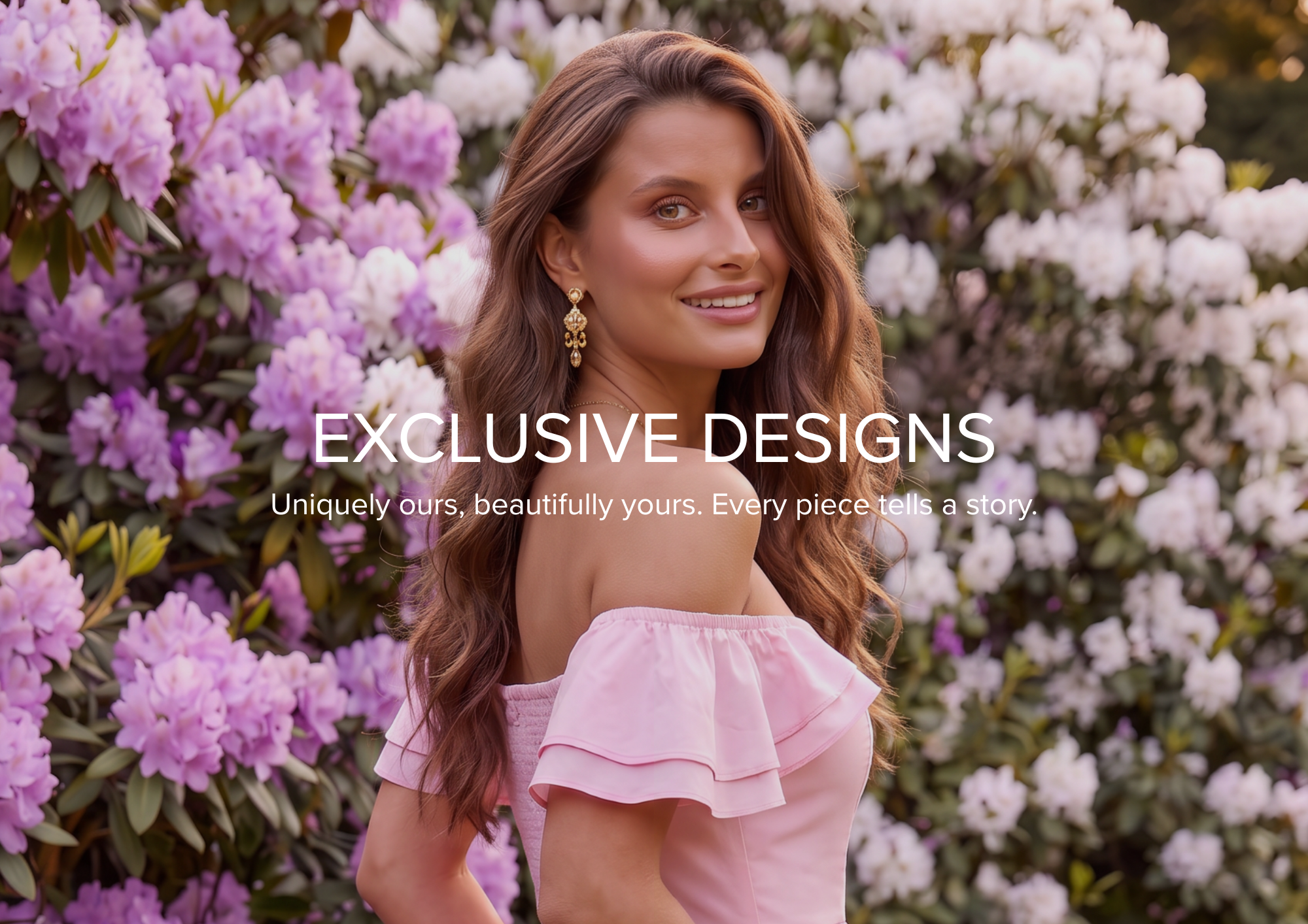 A woman wearing a sleeveless white dress with a pastel multicolor floral print stands outdoors in front of large purple and white flowering bushes. White text overlay reads 'EXCLUSIVE DESIGNS' with smaller text below.